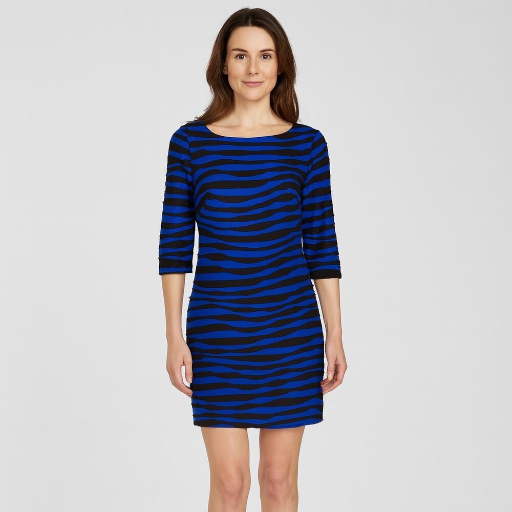 EUC Evan Picone Cobalt Blue & Black Print Dress | Size 4 | 3/4 Sheer Sleeves - Picture 1 of 10
